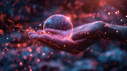 Sphere grid wave with binary code. ai artifical intelligence logo in hologrammic hand. machine learning concept