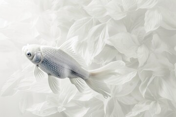 Wall Mural - realistic white fish swimming amidst white flowers