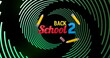Image of back to school over green spiral on black background