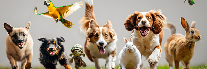 Canvas Print - two dogs of different breeds, 3 cats of different breeds, a parrot, a turtle, a hamster, a rabbit run towards the camera