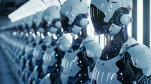 A Row Of Advanced Humanoid Robots On An Assembly Line, Each One Featuring Intricate Designs And A Sleek, White And Black Finish