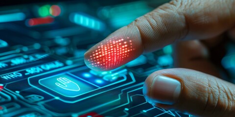 Fototapete - Biometric Identification in a High-Tech Future: A Finger Glows with Intricate Circuit Patterns Signaling Advanced Security Technology, Generative AI
