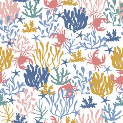 Poster - Coral ree, crabs, starfishes and  seaweed seamless pattern.