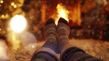 Feet In Woollen Socks By The Christmas Fireplace. Winter Background. Seamless Looping Overlay 4k Virtual Video Animation Background