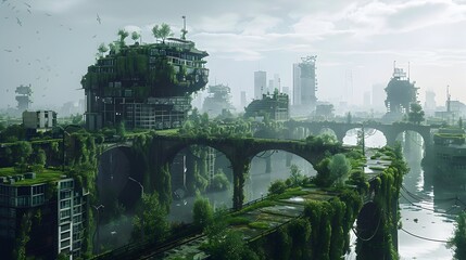 Wall Mural - Post-Apocalyptic Cityscape Overgrown with Lush Vegetation, To convey a sense of natures resilience and the transformation of urban landscapes in a