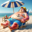 © M.studio - obese man with sunburn sunbathing on a deckchair on the beach- vacation, summer holiday, relaxing concept