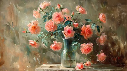 Pink roses  bouquet in  A vase oil painting, in classic vintage style, artwork for wall art, home decor and background 