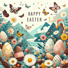 Sticker - Happy Easter card with easter eggs, butterfly and beautiful landscape