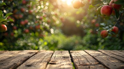 rustic wooden table place of free space for your decoration and apple trees with fruits in sun light