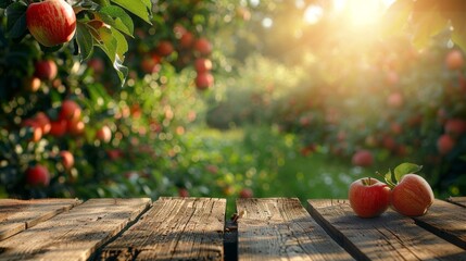 rustic wooden table place of free space for your decoration and apple trees with fruits in sun light