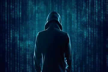 A shadowy figure of a hacker stands alone against a black backdrop filled with binary codes.