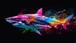 Aquatic animals shark that swim majestically in oceans and seas. Painted with paint splash technique. Isolated black background. Also for T-shirt printing pattern. Generative AI