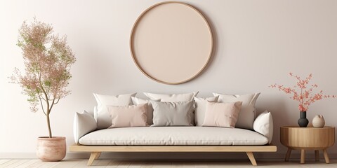 Decorate living room with mock up poster frame, beige sofa, wooden round coffee table, mirror, beige bowl, stylish personal accessories, and beige wall.