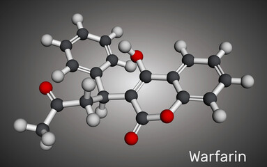 Wall Mural - Warfarin drug molecule. Warfarin is an anticoagulant, used to prevent blood clot formation. Molecular model. 3D rendering.