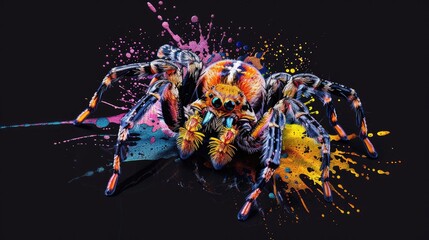 Wall Mural - Terrestrial predator, . spider Painted with paint splash technique. Isolated black background. Also for T-shirt printing pattern. Generative AI