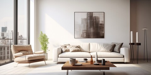 Wall Mural - Contemporary apartment with white living room, featuring leather sofa, chair, and coffee table near window.