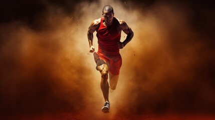 Wall Mural - Athletic strong fast Runner, Sprinter, Man running on a treadmill on a sports track on a dark abstract background with light. Competitions, Sports, Energy, Running, Training, Healthy lifestyle concept