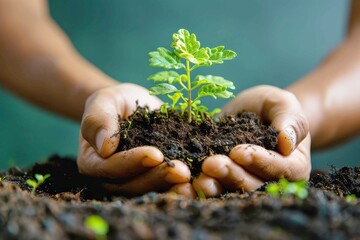 Hands holding growing tree on earth ESG Environment