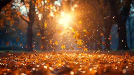 Poster - Golden autumn scene in a park, with falling leaves, the sun shining through the trees and blue sky.