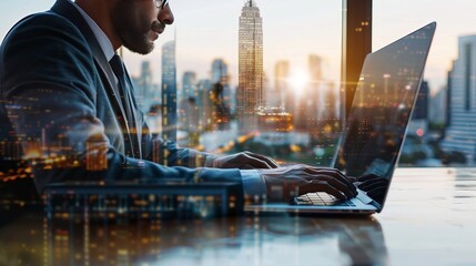 Businessman working on laptop with city background view double exposure
