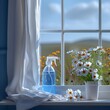cleaning Still life with window, curtain, flowers, cleaning bottle in blue and white