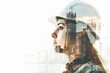 Construction worker woman double exposure with building