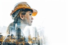 Construction Worker Woman Double Exposure With Building