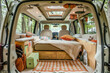 Cozy and Inviting Camper Van Interior with Comfortable Bedding and Natural Light