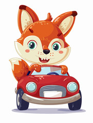 Wall Mural - Cute Fox Cartoon Driving Car