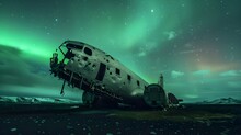Northern lights over plane wreckage in Iceland 