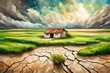 Beautiful painting of oasis concept with a farm house with green yard in the middle of a dry, cracked ground, below a single rain cloud. Environment and weather change