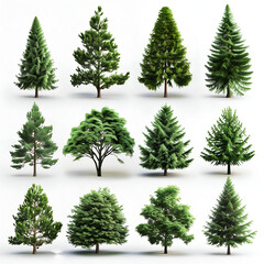 a collection of pine tree on white background