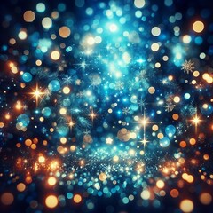 An abstract bokeh effect creates a backdrop of blue sparkles, reminiscent of a vibrant, festive night filled with twinkling lights., abstract christmas background