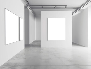 Wall Mural - Modern gallery interior with blank canvases on walls as a template for art displays. Ai generative illustration