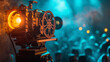 film projector on a wooden background with dramatic lighting and selective focus.