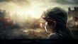 Child feel sad witnessing a battlefield. Kid imagination and creative concept. Retro style.