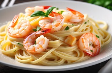 Wall Mural - 
Alfredo pasta with shrimp and basil, sprinkled with herbs.