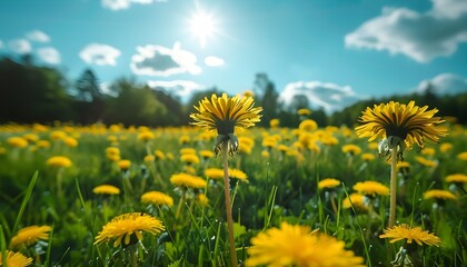 Wall Mural - Beautiful meadow field with fresh grass and yellow dandelion flowers in nature