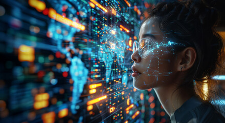 female head with computer code on background, ai using