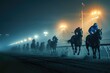 A scene depicting a horse race taking place on a foggy night, with the track lights creating an eerie glow that partially reveals the racing horses, adding a mysterious atmosphere to the race. 8k