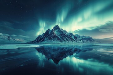 Wall Mural - A secluded mountain peak under the spell of the Northern Lights, with the auroras reflecting in a nearby frozen lake. 8k