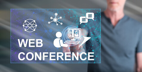 Poster - Man touching a web conference concept