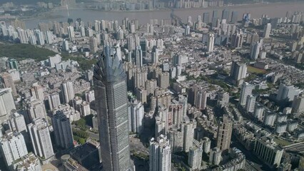 Wall Mural - The drone aerial footage of downtown district of  Wenzhou city, Zhejiang Province, China. Wenzhou historically known as Wenchow is a prefecture-level city in China's Zhejiang province.