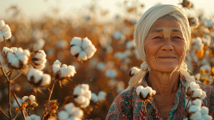 Wall Mural - mature Uzbek woman in a cotton field. harvesting.