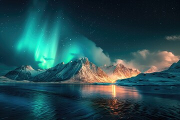 Wall Mural - A serene display of the Northern Lights over a majestic mountain landscape, where winter's chill meets celestial wonder. 8k