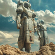 Colossal robot statues stand guard over a barren desert landscape, with a dramatic cloudy sky overhead.