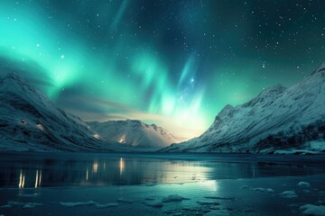 Wall Mural - A serene display of the Northern Lights over a majestic mountain landscape, where winter's chill meets celestial wonder. 8k