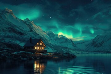 Wall Mural - A serene lakeside dwelling under a sky lit by the Northern Lights, with the calm of the lake in the foreground