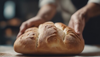 Wall Mural - view of photo close up baker holding bread image background