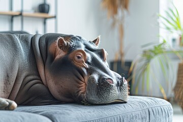 hippo is lying and sleeping on the couch in the room. hippopotamus is at home.